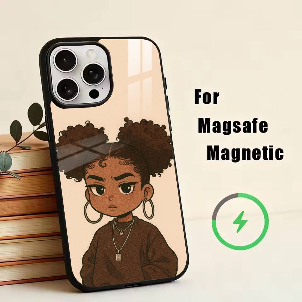 Cartoon Black Girl A-Afro Phone Case For iPhone17,16,15,14,13,12,11 Plus,Pro Magnetic with Magsafe Wireless Charging