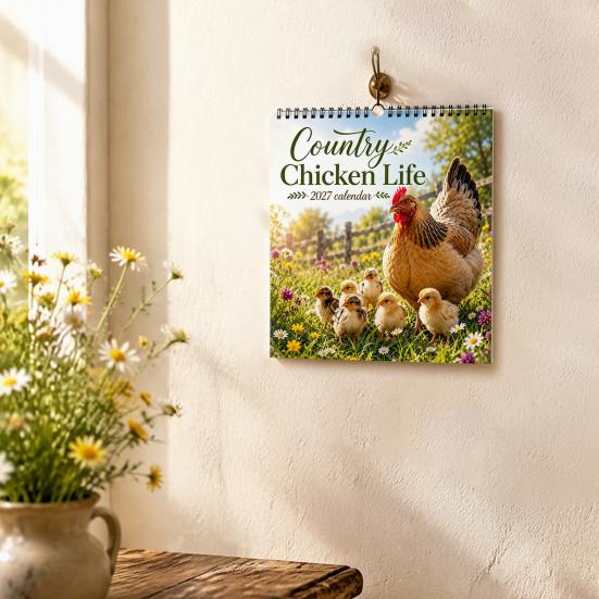Farm Life Theme Calendar 2027 Country Chicken Wall Calendar, 12-Month Planner with Spiral Hens Chicks Binding, Thick Paper Academic Year for