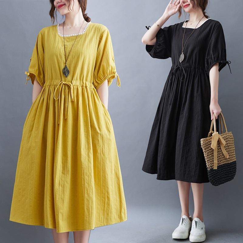 Long Dress Women Linen Large Size Loose Summer Solid Color Short-sleeved Dress Knee-length Thin Large Swing Dress