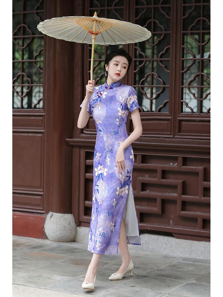 2024 Spring/Summer Elegant Retro Double-Layer Silk & Linen Short-Sleeve Cheongsam Dress