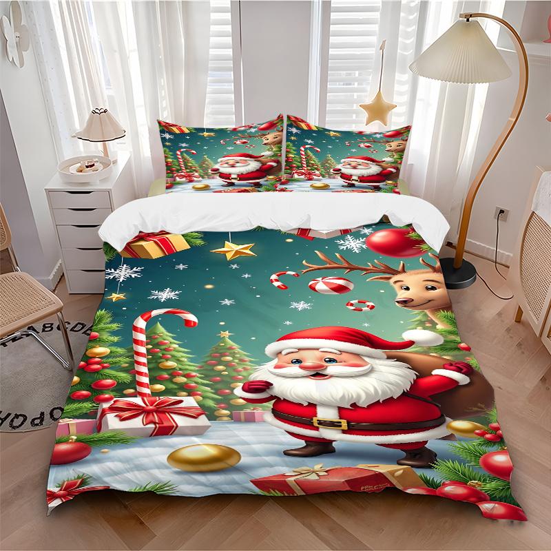 3pc Christmas Santa Claus Deer Home Bedding Set-Festive Decor for Bedroom,Guest Room,Living Room 1147a