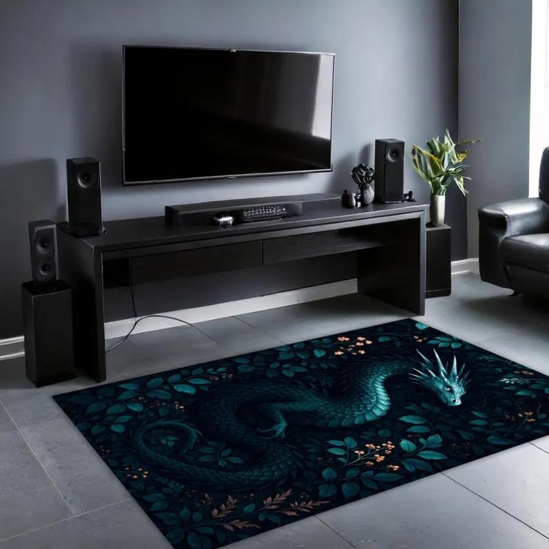 Mystic Dragon Forest Carpet - Deep Blue Green Serpent Rug with Lush Botanical Pattern Non-Slip Floor Mat for Enchanted Decor
