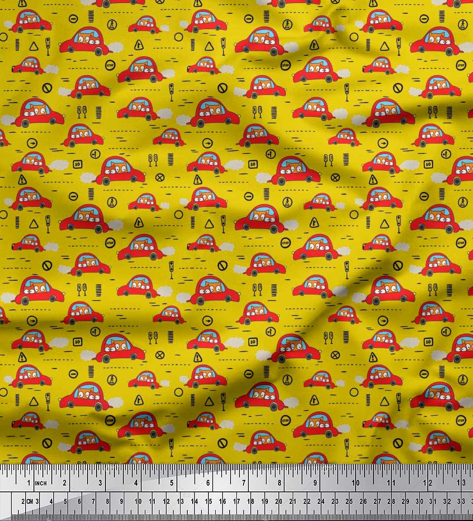 

Тканина Soimoi Japan Crepe Satin Тканина Car & Owl Cartoon Print на метри 42 дюйма 42 Inch Wide - Poly Crepe жовтий