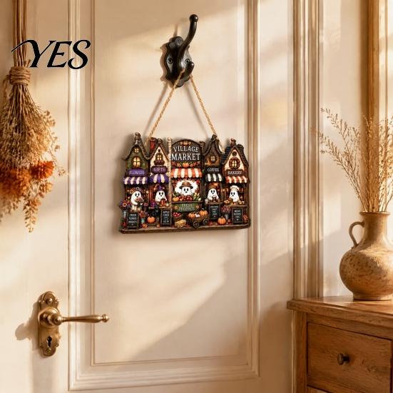Haunted House Wall Decoration Halloween Wooden Hanging Pendant with Hemp Rope for Door Autumn Seasonal Art Decoration, Castle Ornaments Pumpkin Ghost