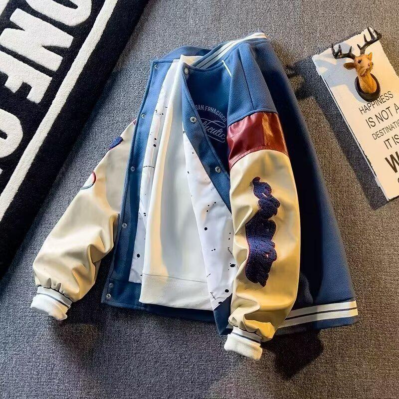 Chaqueta de Béisbol de Lana Patchwork Bordada Retro para Hombre - Primavera 2024 Estilo Coreano
