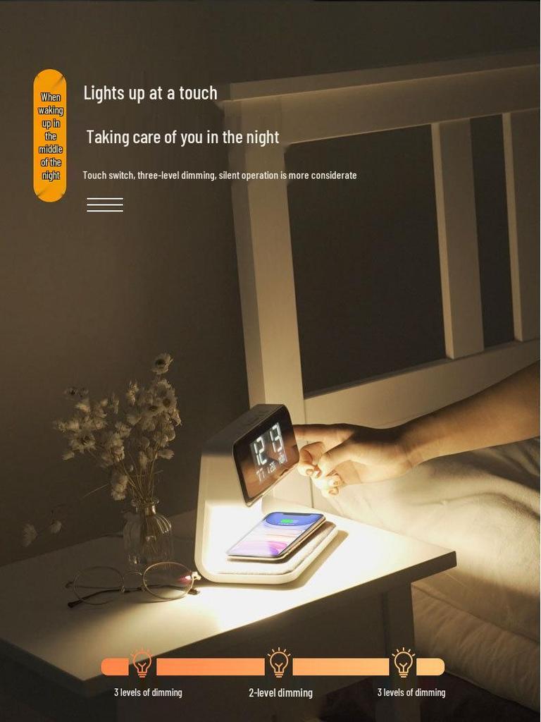 10W Wireless Charging Bedside Lamp with Alarm Clock & Three-Level Dimming Night Light