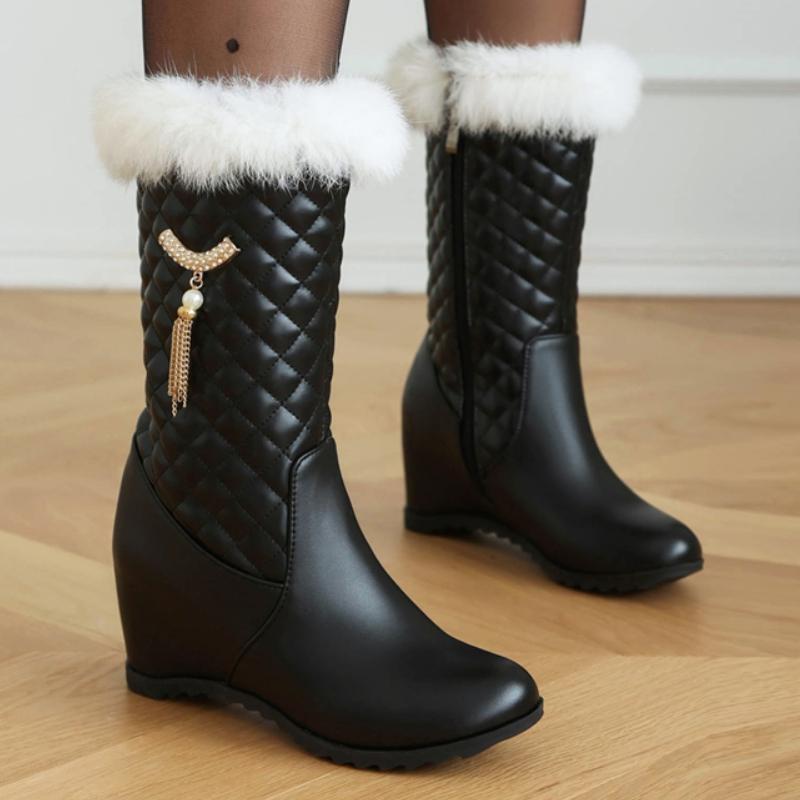 Botki zimowe na koturnie dla kobiet Nowe 2024 Czarne Różowe Białe Ciepłe Futro Krótkie Botki Damskie Koturny Obcasy Zamek Buty na Imprezę