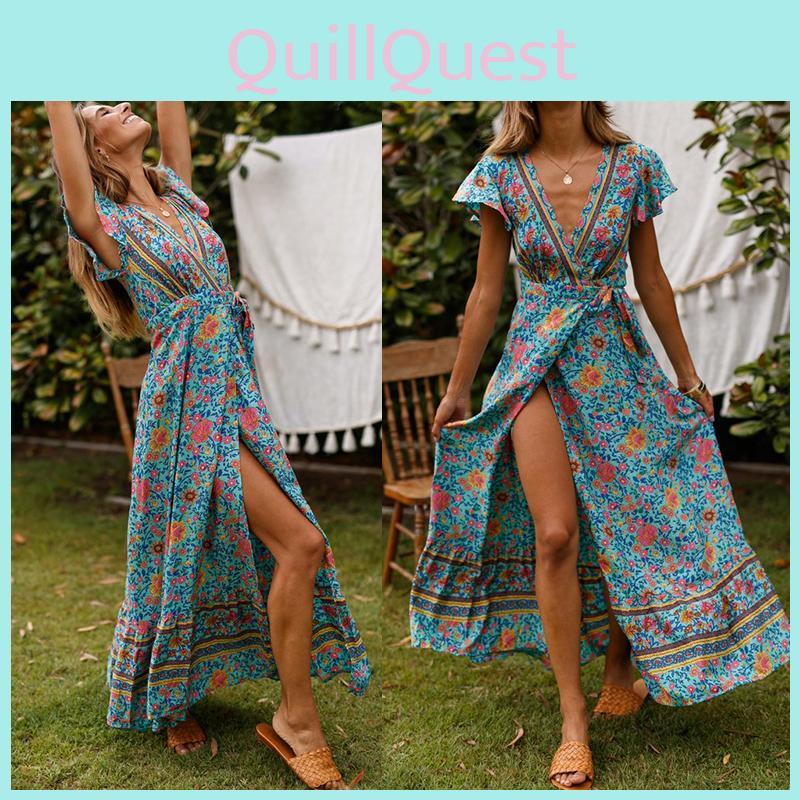 Women Wrap Summer Boho Floral Paisley Maxi Print Dress For Effortless Style