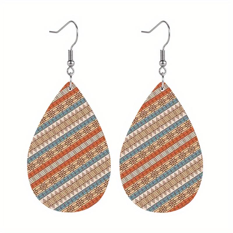 Vintage Bohemia Flowers Stripes Pattern Maillard Color Drop Earrings for Women Girls Ethnic Style Stud Earrings Festival Jewelry Christams Jewelry