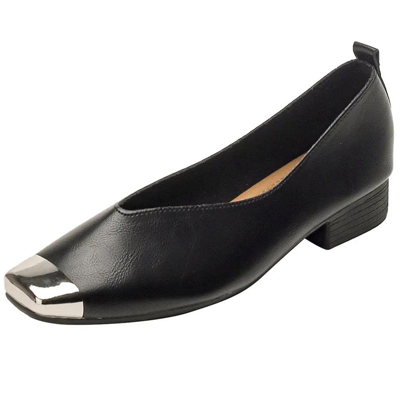 Ladies Shoes New Metal Square Head Single Shoes Women's Genuine Leather Flat Shoes Zapatos Mujer