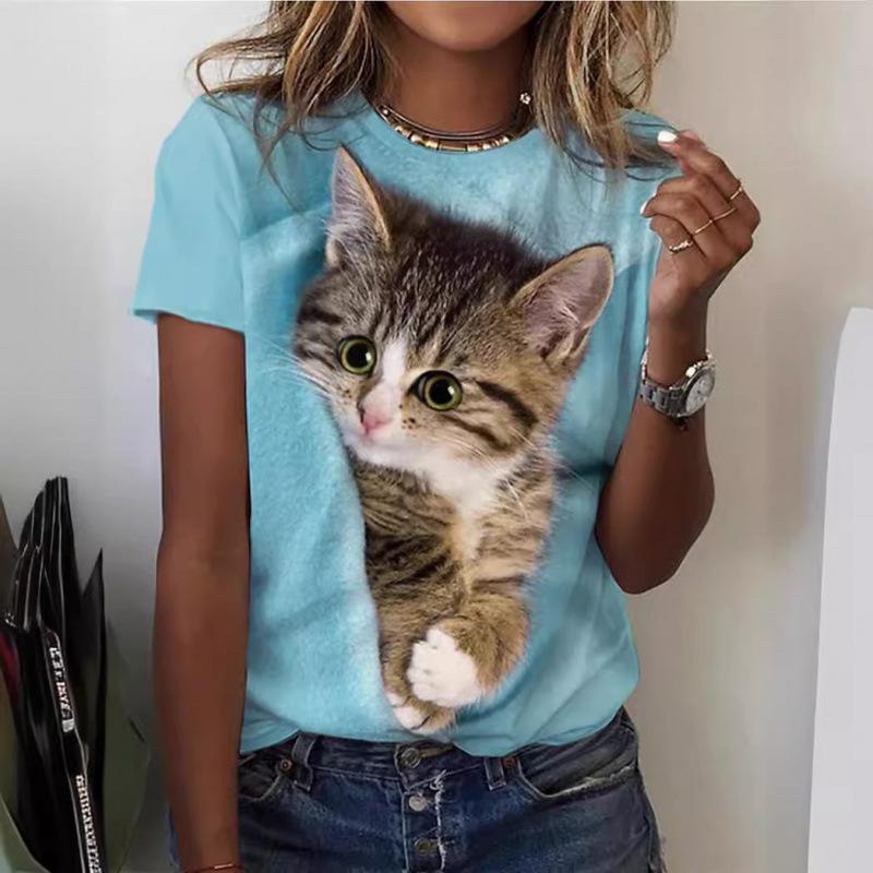 Sommer Rundhals 3D Katzenprint Top Modische Lässige Kurzarm Damen T-Shirts