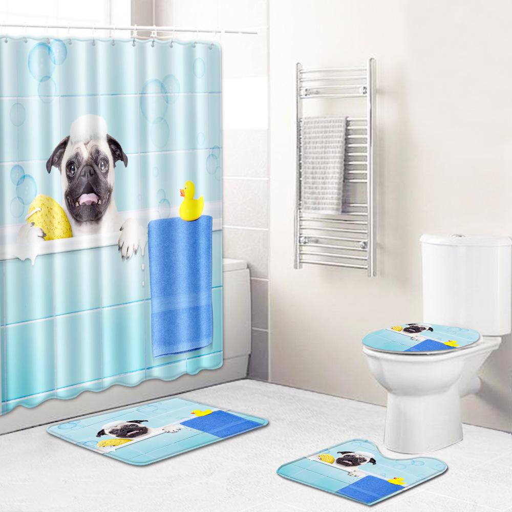 Animal Pattern Bathroom Shower Curtain Floor Mat Toilet Cover Foot Mat Four-Piece Pattern Size