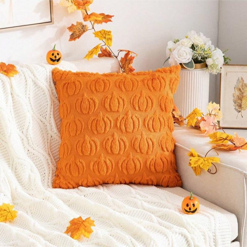 Ghost Pumpkin Plush Faux Fur Pillow Covers Soft Halloween Decor for Sofa Couch Bed Living Room White Orange Pillowcases 45x45CM