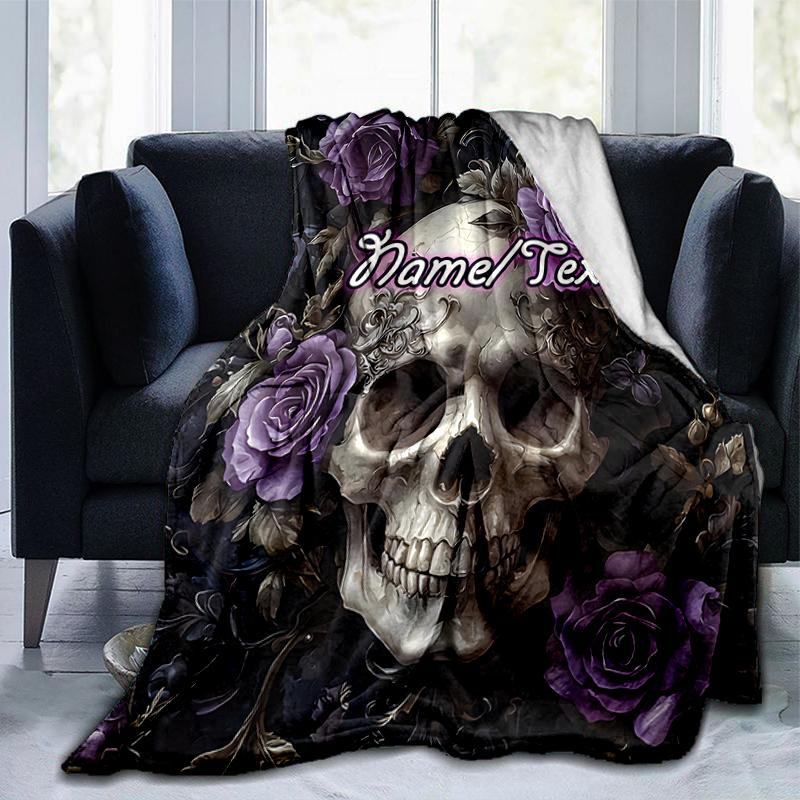 1PC Custom Name Skull Roses Artwork Outdooor Flannel Blankets Throw Blanket All-Season Throw Gift Bedspread for Couch, Bed, Camping Holiday Birthday G
