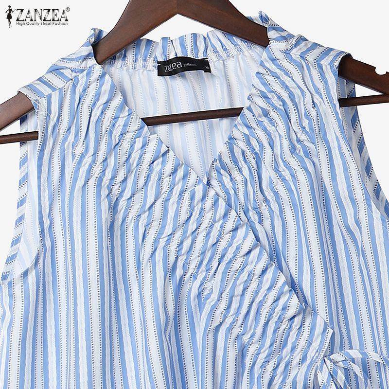 ZANZEA Women V Neck Sleeveless Pleated Striped Lace Hem Casual Tank Tops