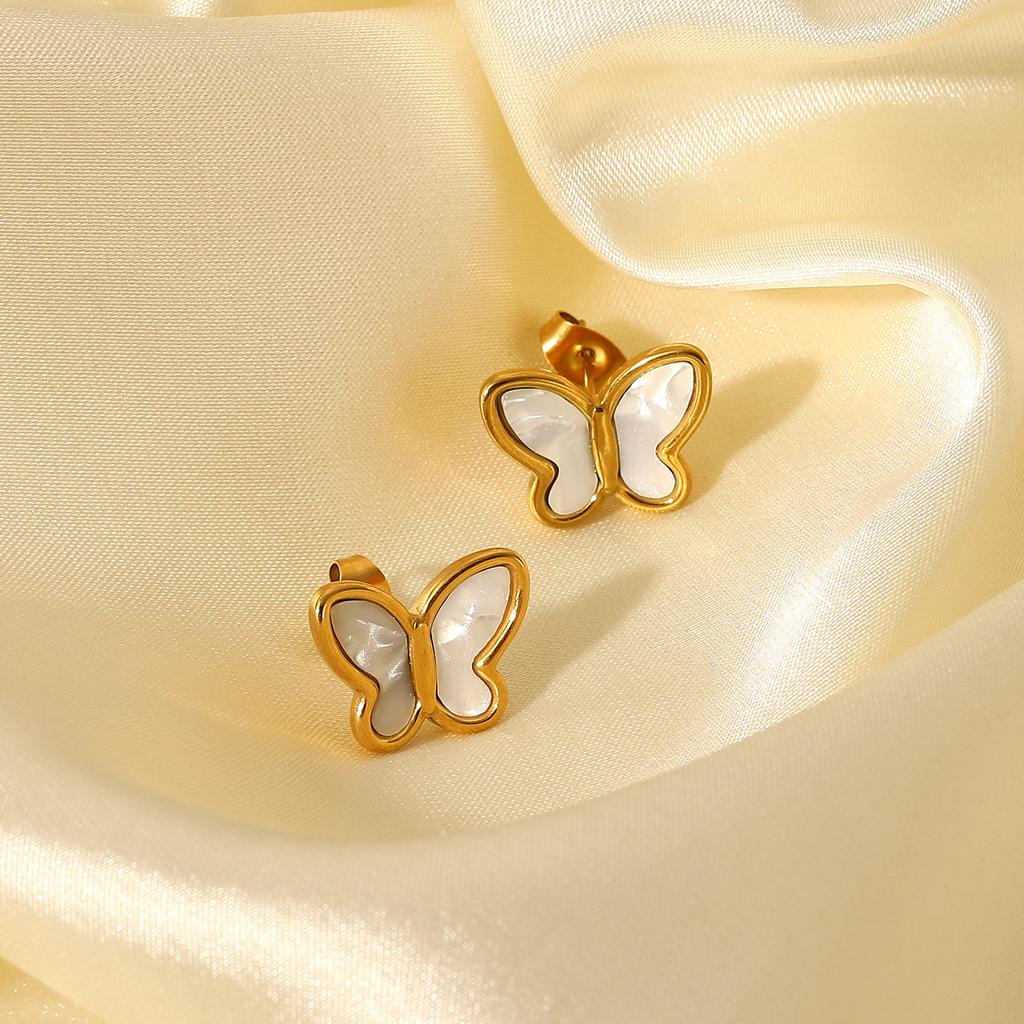 French Elegant INS Style Fashion 18K Gold Natural White Shell Butterfly Shape Stainless Steel Stud Earrings, Titanium Steel Earrings