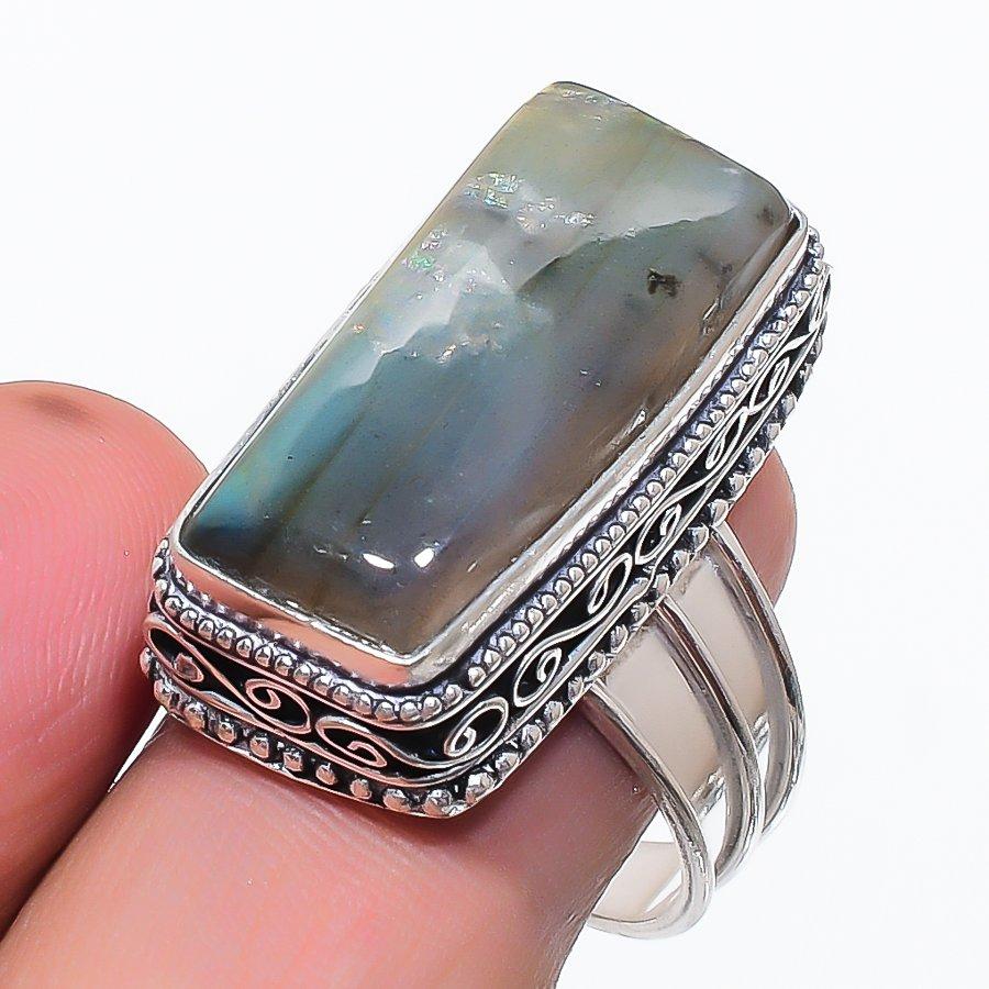 Natural Labradorite Gemstone 925 Sterling Silver Jewelry Ring Size 10 c4S31