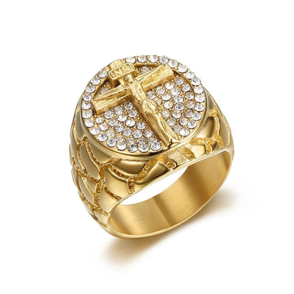Hip Hop Iced Out Jesus Cross Ring Male Gold Color Stainless Steel Cubic Zirconia Christian Rings For Men Religious Jewelry Gift