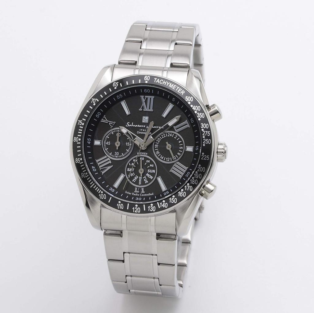 Salvatore Marra Chronograph Business with Watch Model BKSV Men's Solar-Powered Radio-Controlled Wristwatch, Waterproof, Analog, Black, Cloth,