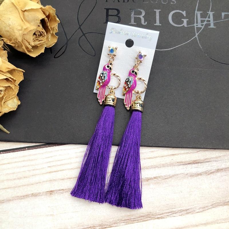 Retro parrot colored diamond fringed long stud earrings femininity versatile ethnic style fashion earrings bridal accessories