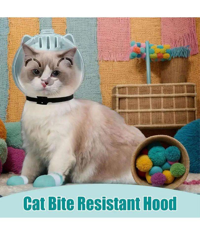 1Set Cat Muzzle Pet Grooming Cover Accessory Cat Anti Bite Anti Licking Space Hood Breathable Helmet with 4 Silicone Paw Shoes