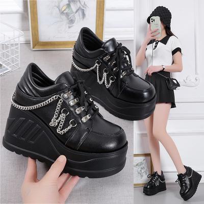 Styl Punkowy Gruba Podpiętka Damskie Buty Jedne Skórzany Materiał Zwiększające Wzrost 9cm Duży Okrągły Nosek Szpilki Letnie Buty