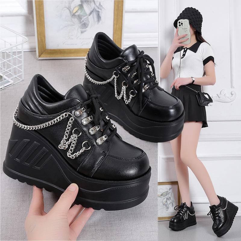 Punk Style Thick Heel Women's Single Shoes Leather Material Increased Height 9cm Large Round Head High Heel Summer Shoes
