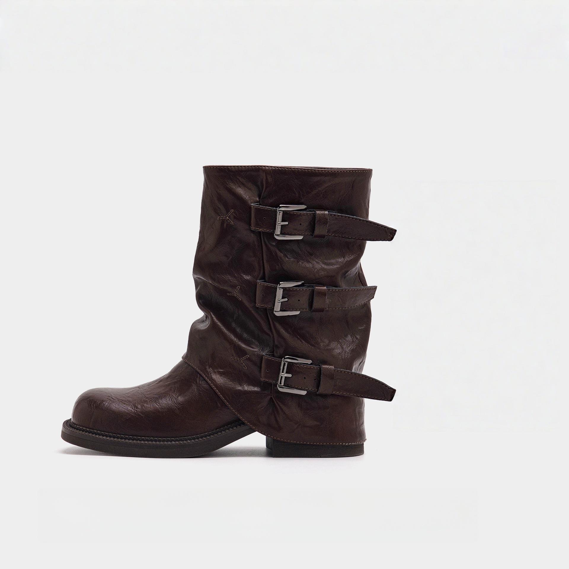 

Suding Home! Grape Mom s same style has a height increase of 6cm, fashionable belt buckle, square round head pleated medium tube, knight boots, women 35