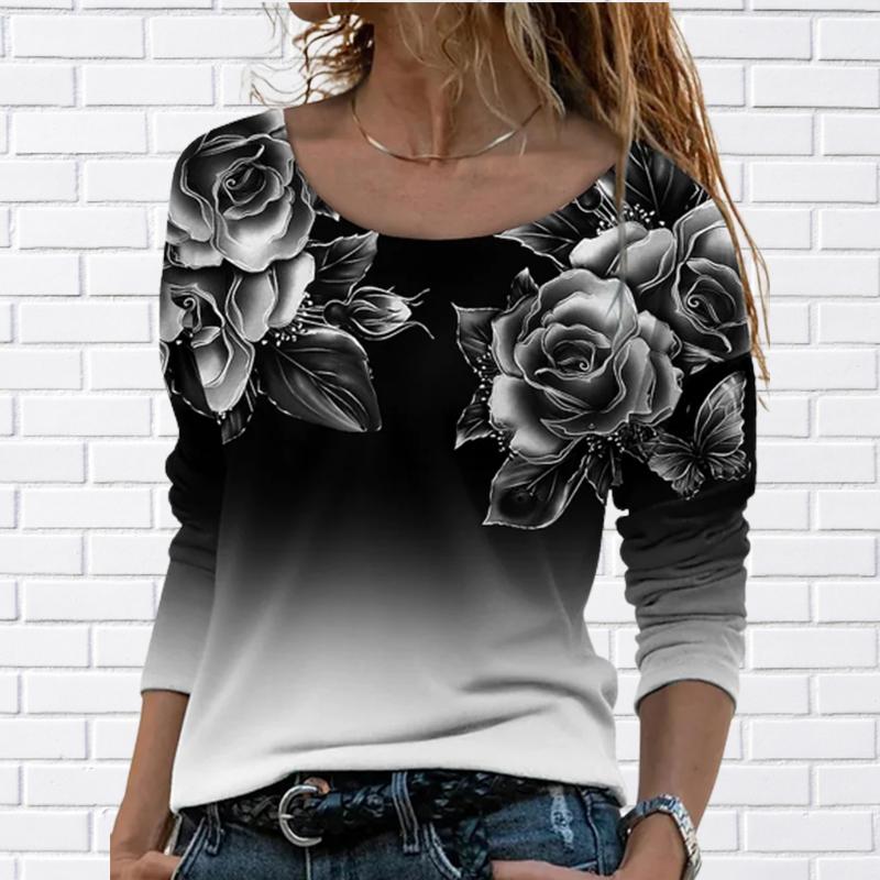 Kvinner Høst Topper Løs Katt Vakker Rose Print Årsak Langermet T-skjorte Topp Bluse