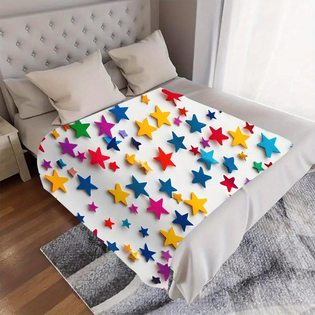 1pc Colorful Stars Digital Printed Design Blanket - All-Season Soft Flannel Throw with Vibrant Star Pattern, Mixed Colors for