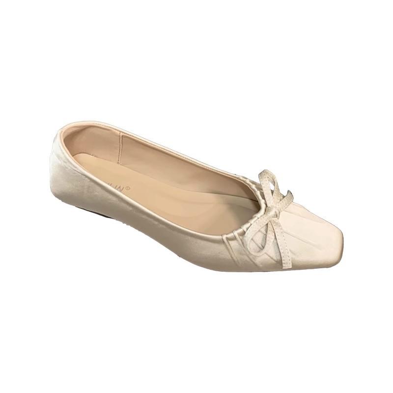 French Satin Square Head Bow Mary Jane Shoes Women's 2025 Autumn New Satin Pleated Flat Bottom Light Mouth Single Shoes