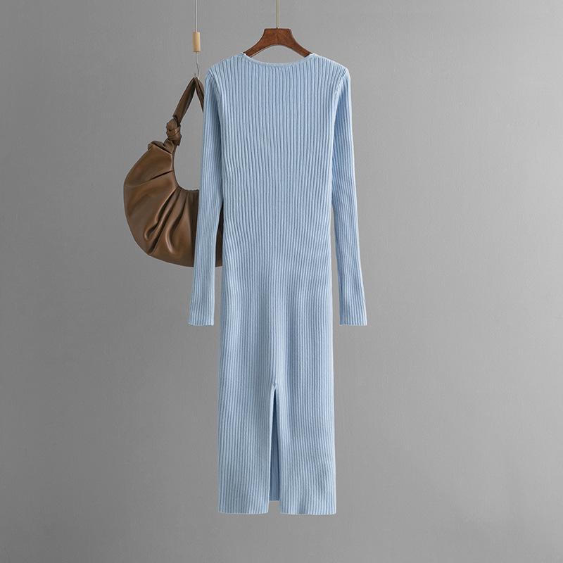 Fall Winter Lazy Wind Loose V-Neck Sweater Dress Women's Long Sleeve Straight Knit Pit Strip Wide Dresses