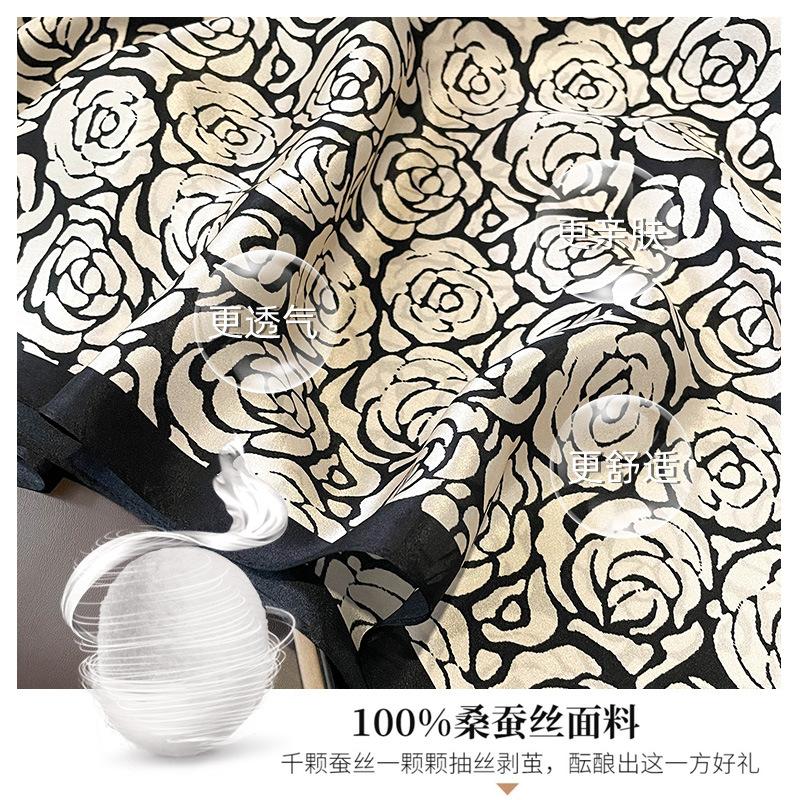 [Wholesale] Hangzhou Silk Black and White Rose Silk Medium Square Scarf Mulberry Silk Scarf Spring and Autumn Silk Scarf Versatile Scarf