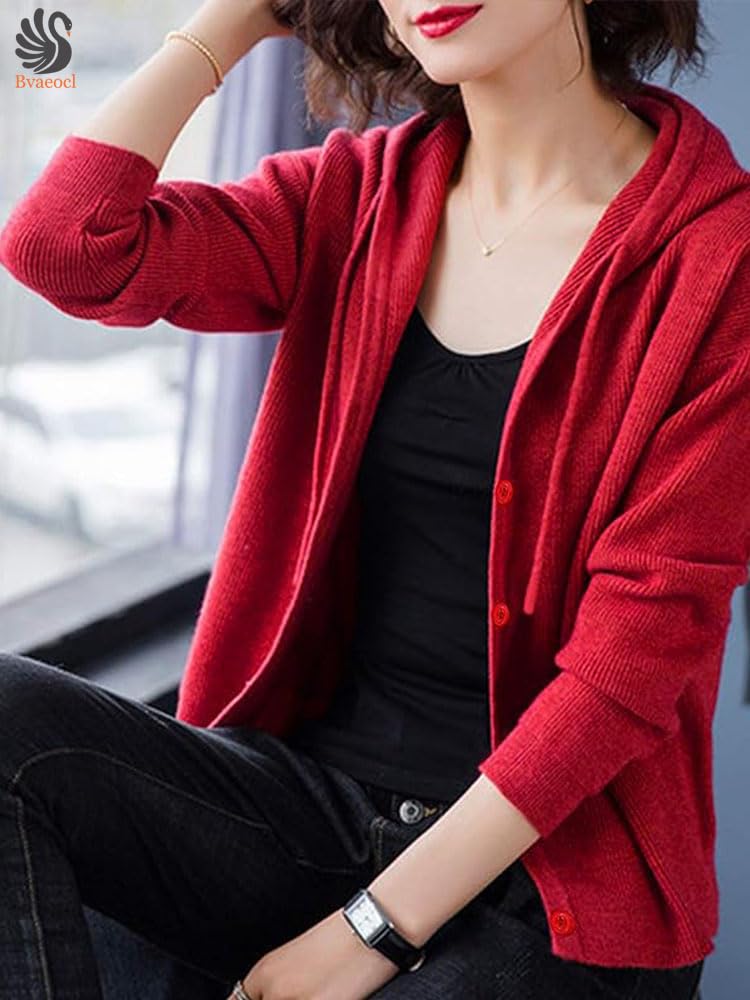 Bvaeocl Knit Long Cold BV94 Women's Cardigan, Hooded, Sleeve, Weather, Autumn/Winter, (Free Size, Red)