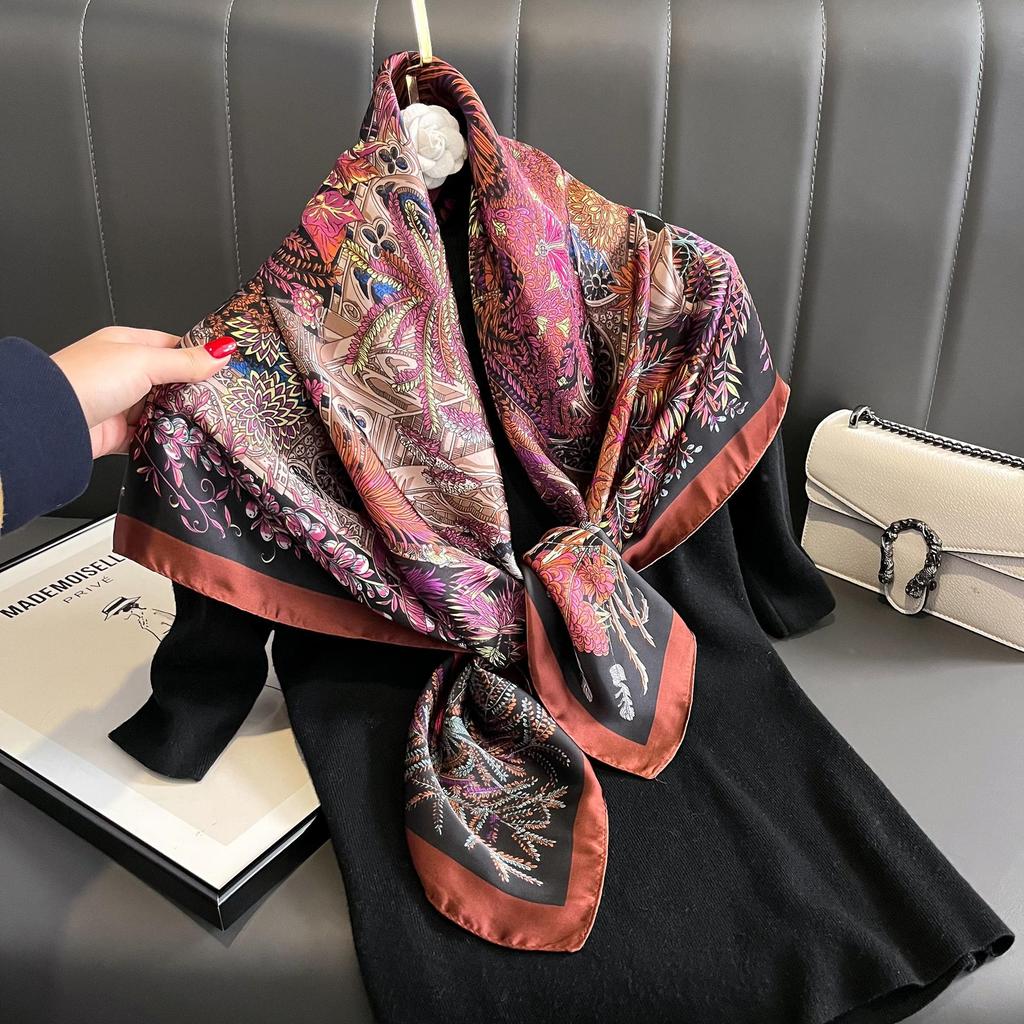 Women's Retro Fashion Mulberry Silk Feel Square Scarf - Summer Faux Satin, Sun Protection, 90cm