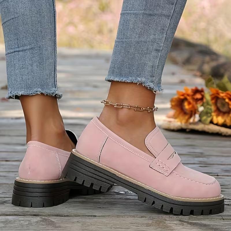 Woman Loafers Retro Autumn Ladies Large Size Frosted British Thick Heel Round Toe Rubber Outsole Korean Style Casual Shoes
