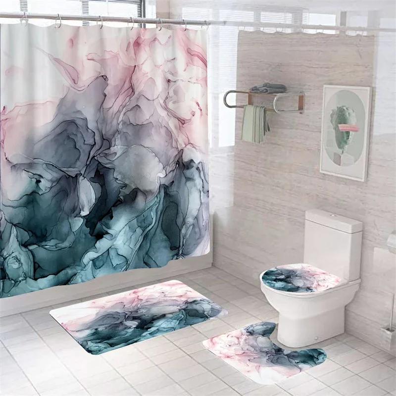 Luxury 3D Marble Shower Curtain Set Polyester Fabric Waterproof Batthroom Curtains Modern Style Printing Bath Toilet Cover Mat