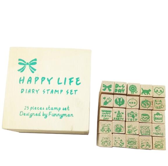 25 Pcs/box Happy Wooden Box Lovely Diary Pattern Clear Rubber Stamp Cute DIY Stamp Gift Wooden Stamp for Scrapbooking Decoration 12x12x40mm (each pcs)