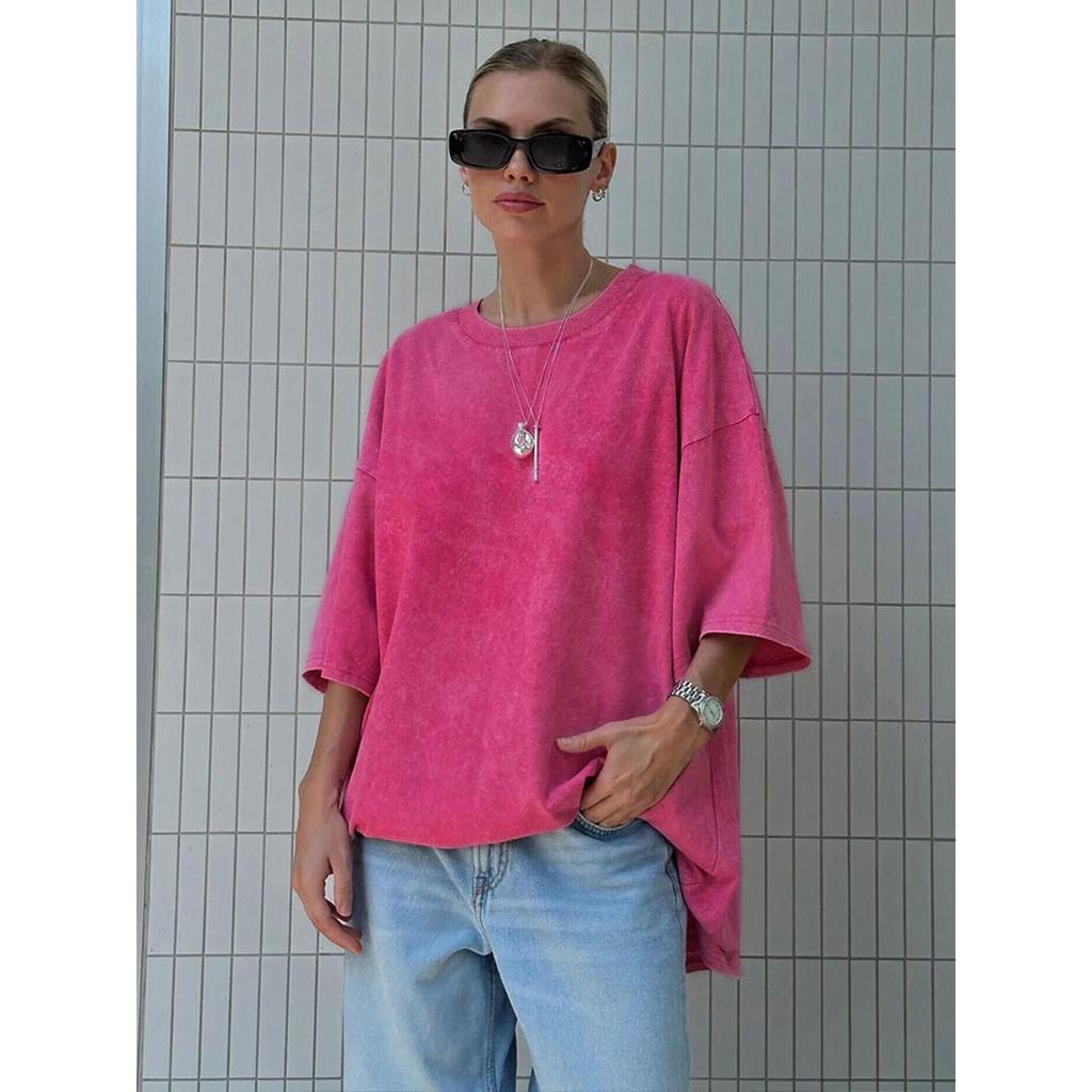 Cotton Retro T-shirt Men Women Vintage Short-sleeve Wax Printing T Shirts Solid Color Hip Hop Loose Tees Plus Size