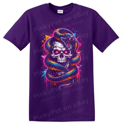 Skull Snake Neon Gothic Horror T Shirt W/ Vivid Graffiti Art Graphic Tee Print
