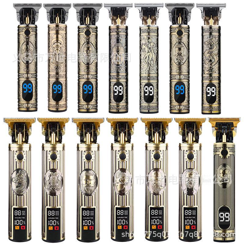 Retro T9 Electric Hair Clipper with LCD Display, USB Charging, Buddha Head Design, Oil Head Styling, and Power Push Technology.