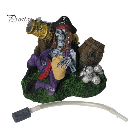 Resin Fish Ornament Pirate Skeleton Aquarium Bubbler, Underwater Tank Ornament, Air Bubbler with Hose Stone for Freshwater And Saltwater Tanks