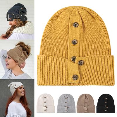 Winter Woolen Hat Knitted Dome No Brim Solid Color High Elasticity Button Decor Thick Keep Warm Outdoor Beanie Unisex Travel Commuting Headwear