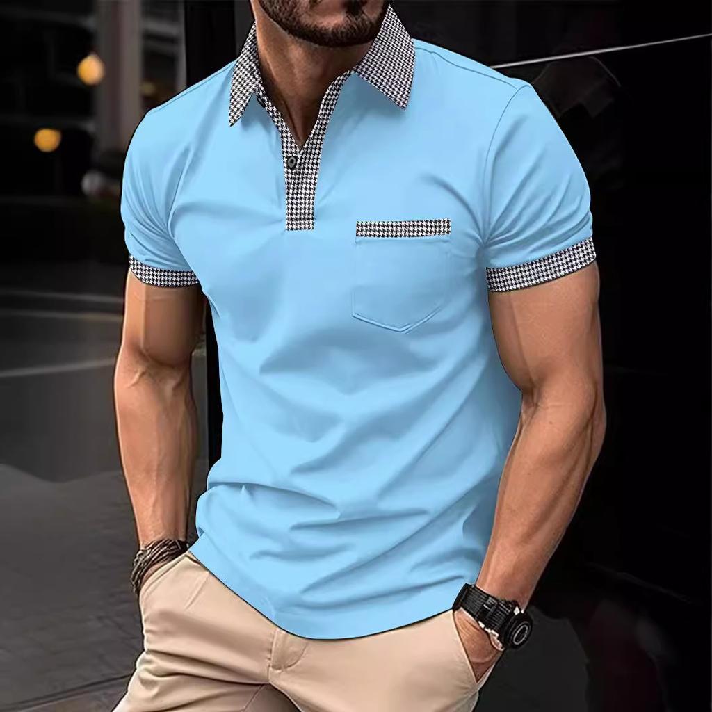 Summer Chambray Polo Shirt Button Pocket Men's Sports Polo Top