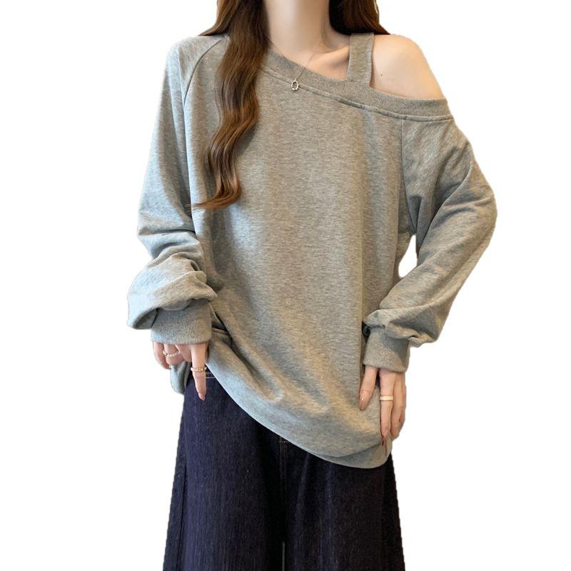Women's Retro Black One-Shoulder Hoodie - Stylish Loose Fit for Spring & Autumn
