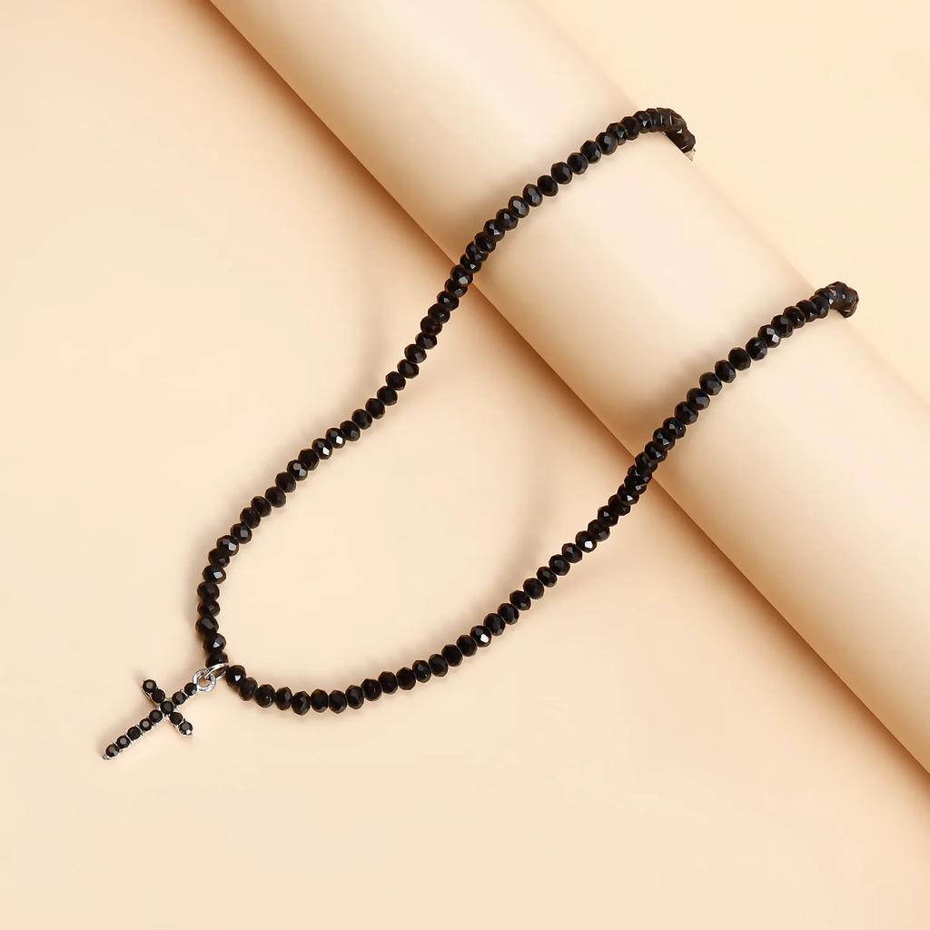 Simple Black Beads Necklace with Cross Pendant Female Jewelry Rhinestone Choker Necklaces Women Ladies Party Necklace