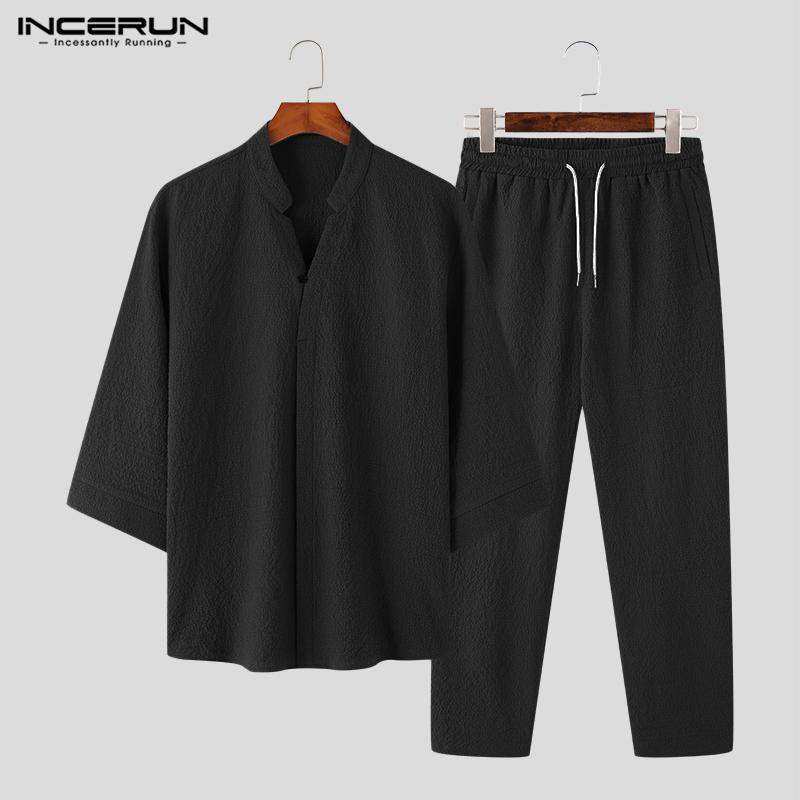 Men 2pcs Tops Incerun Suits And Drawstring Long Pants Loungewear