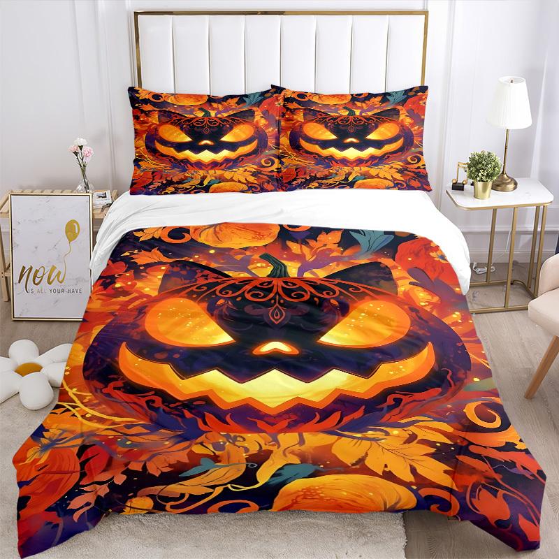 3pc Pumpkin Halloween Cover Set - 1 Quilt Cover + 2 Pillowcases, All Seasons Bedroom Setting, Perfect for Home008