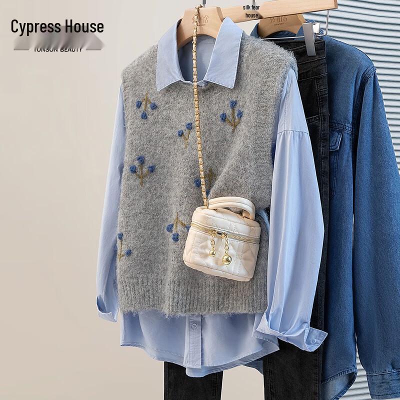 

Женский жилет из смесовой шерсти с цветочной вышивкой и круглым вырезом L