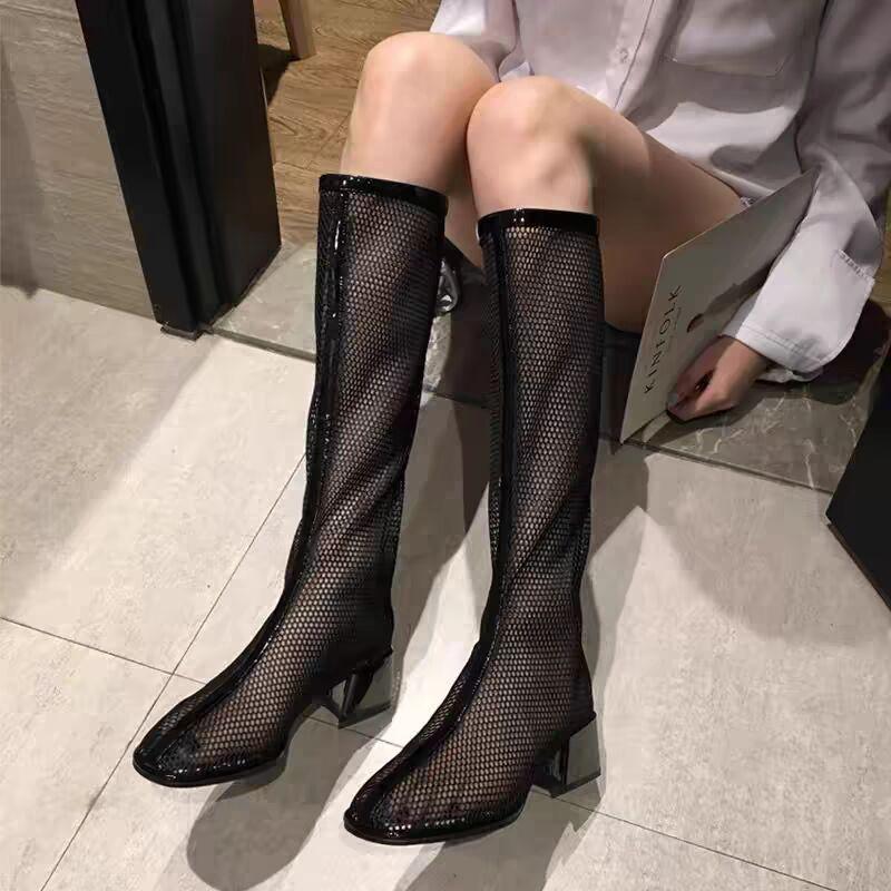 Women's Summer Boots Luxury Elegant Long Shoes For Women Trend 2024 Comfortable Mesh Black Heeled Outdoor Fashion High Boots